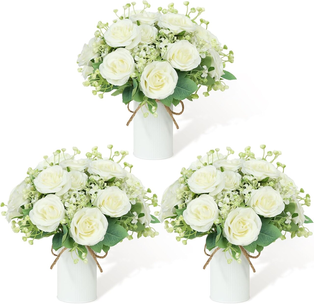 Wedding Table Centerpiece Set of 3 – Small Artificial Floral Arrangements with 6 Silk Rose Bouquets & 3 Metal Pot Silk Flower Vases for Wedding Party, Home, Kitchen, Bathroom Décor – Ivory